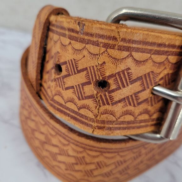 Vintage Tan Leather Tribal Western Wide Belt Native American Inspired main image 9